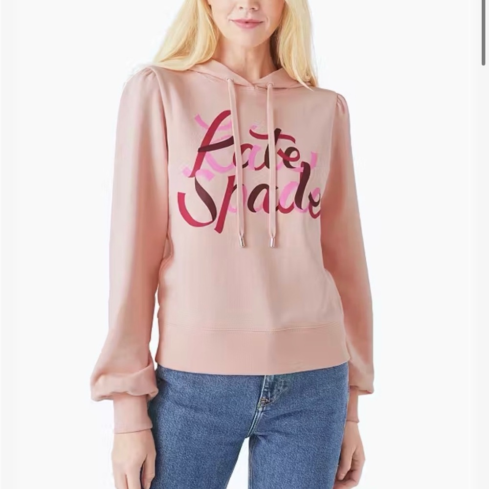Kate Spade Ribbon Hoodie Pink Ruby Cotton Spellout Graphic Puff Sleeve Small